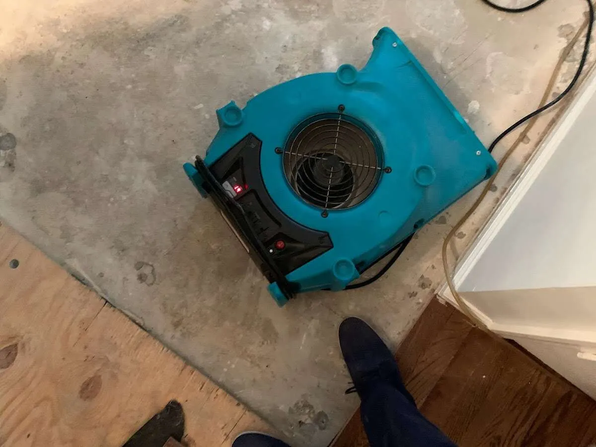 Air mover drying subfloor during Commercial Water Damage Restoration in Walworth